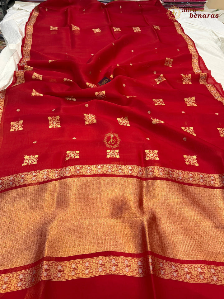 Red Kora Silk Banarasi Saree with Sona Rupa Butis
