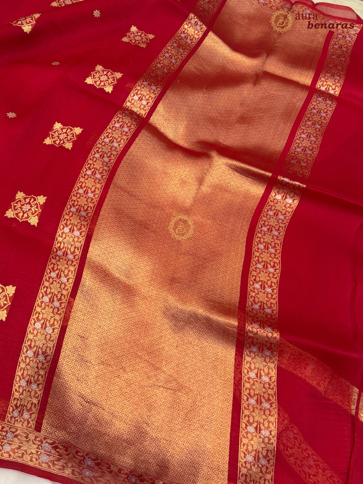 Red Kora Silk Banarasi Saree with Sona Rupa Butis