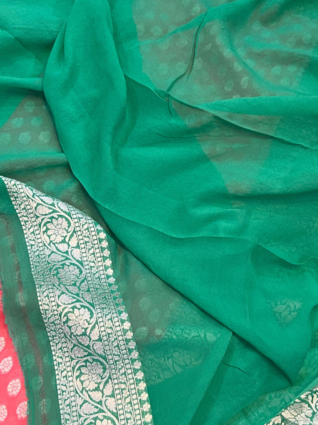 Peachish Pink Banarasi Handloom Pure Khaddi Georgette Saree - Aura Benaras