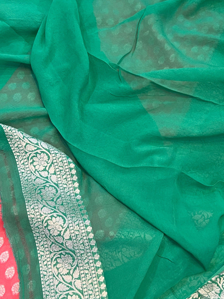 Peachish Pink Banarasi Handloom Pure Khaddi Georgette Saree - Aura Benaras