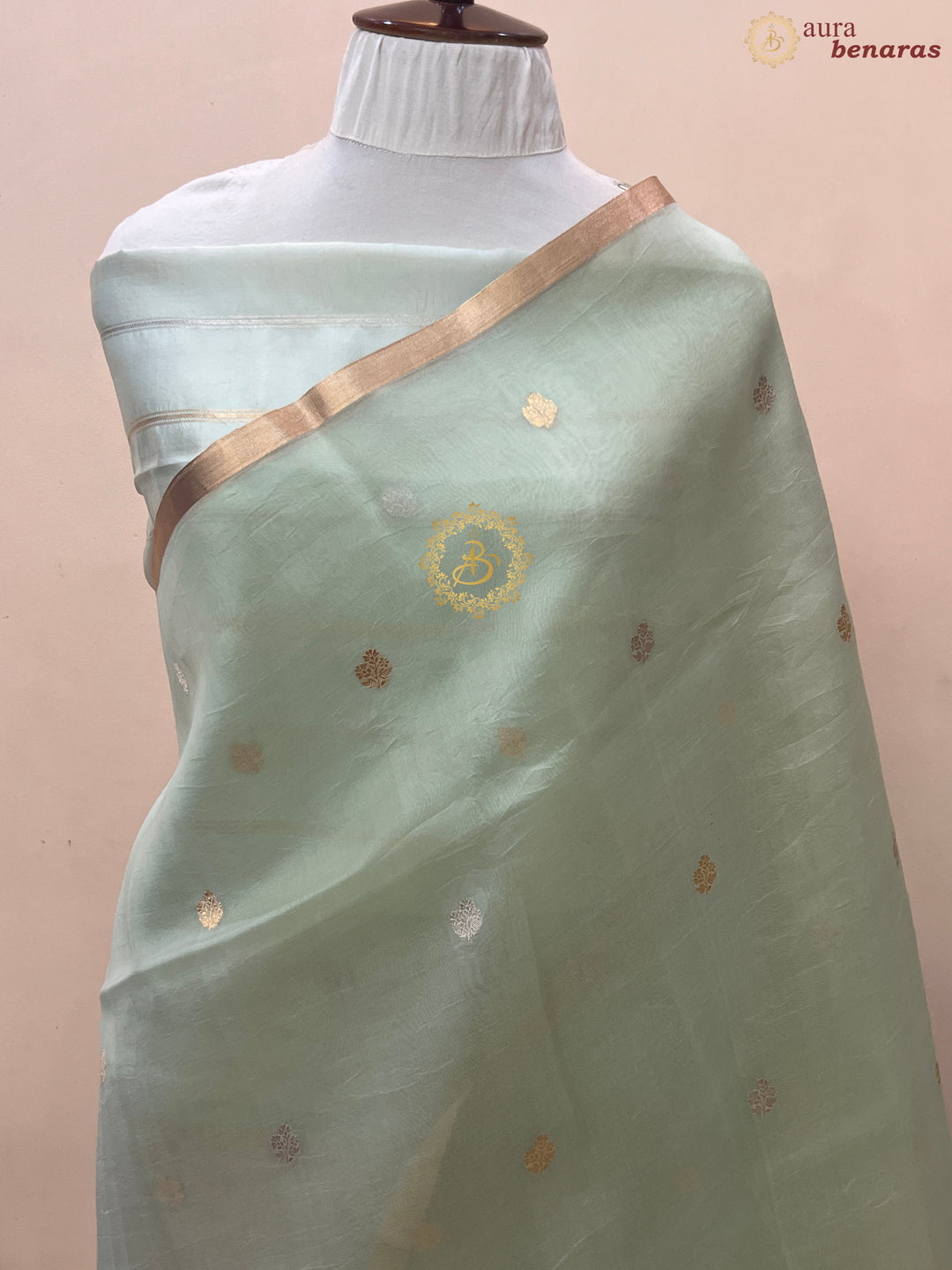Mint Green Pure Kora silk Handloom Banarasi Saree