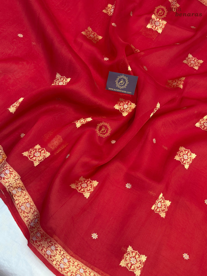 Red Kora Silk Banarasi Saree with Sona Rupa Butis