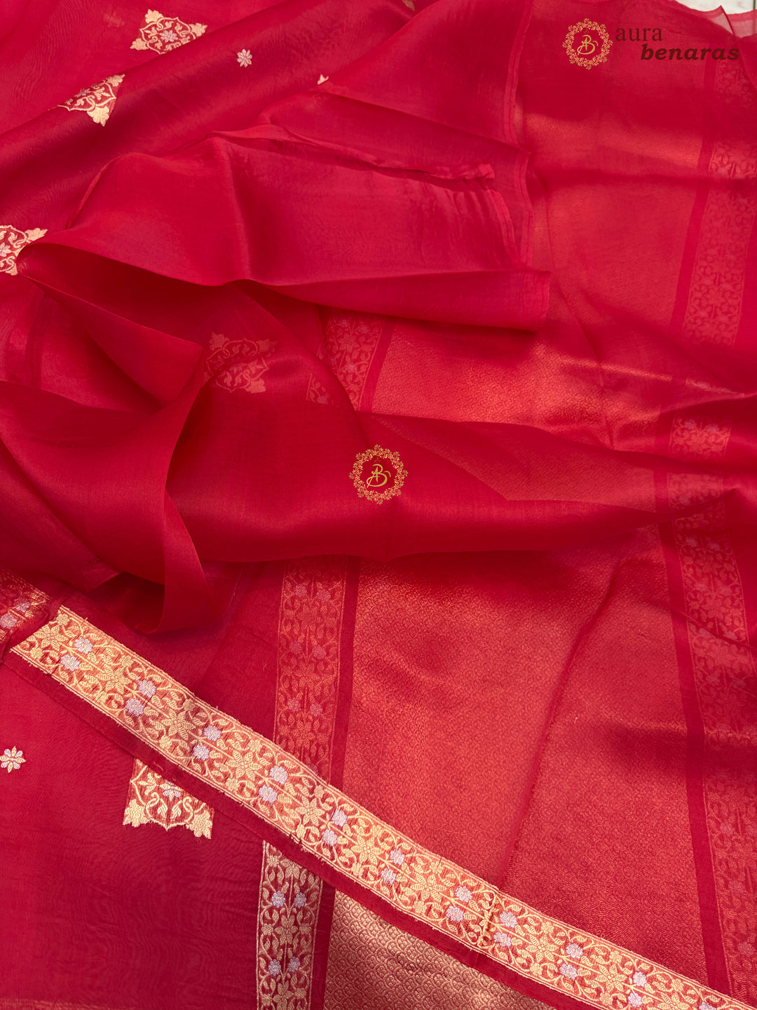 Red Kora Silk Banarasi Saree with Sona Rupa Butis