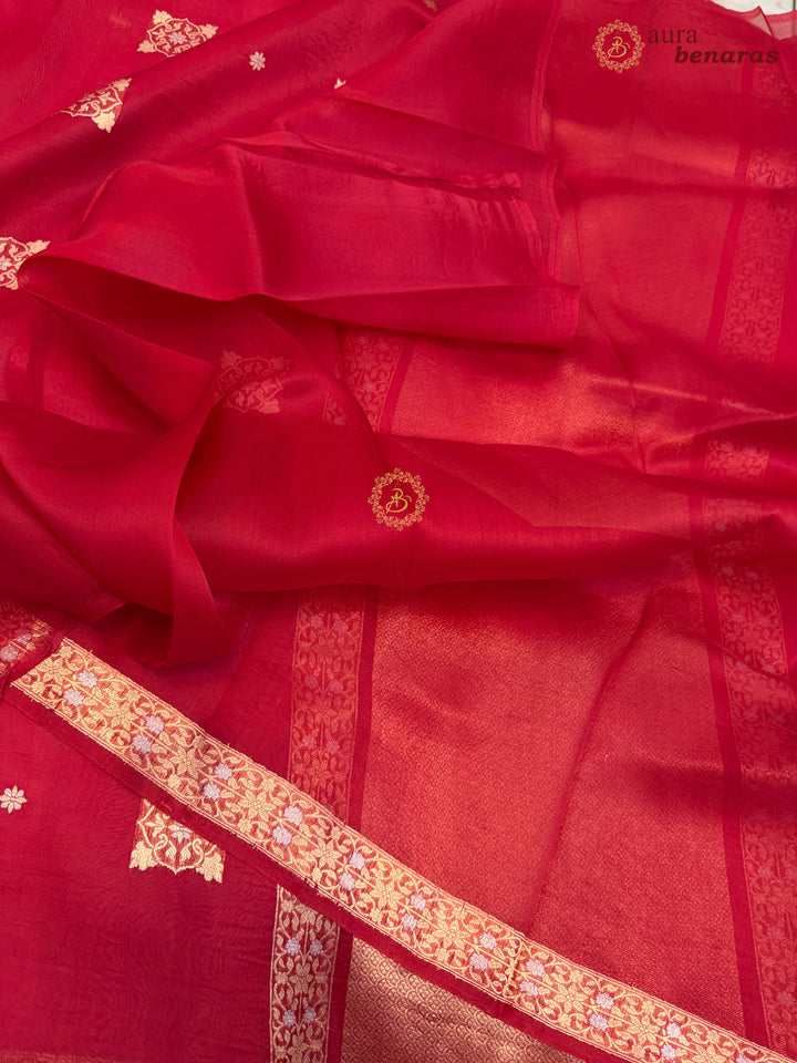 Red Kora Silk Banarasi Saree with Sona Rupa Butis