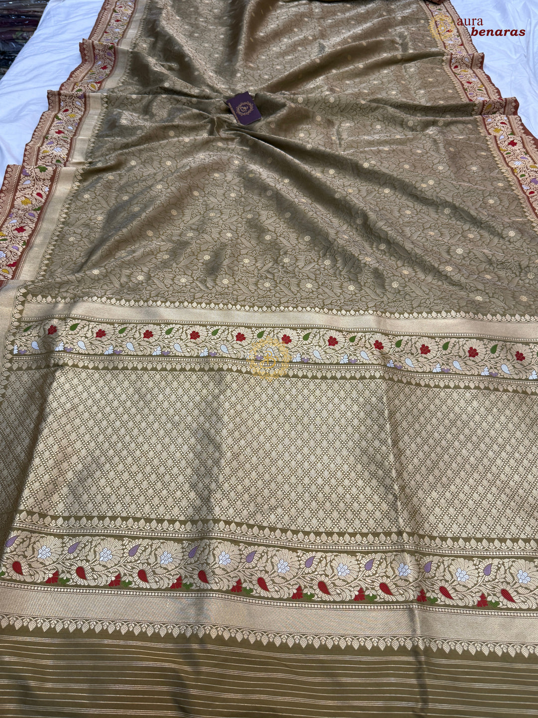 Olive Pure Katan Silk Handloom Banarasi Saree
