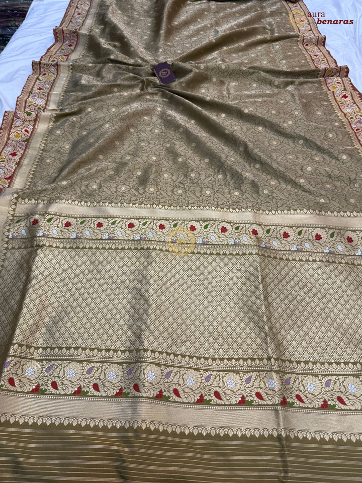 Olive Pure Katan Silk Handloom Banarasi Saree