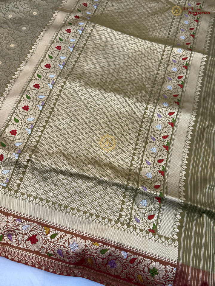 Olive Pure Katan Silk Handloom Banarasi Saree