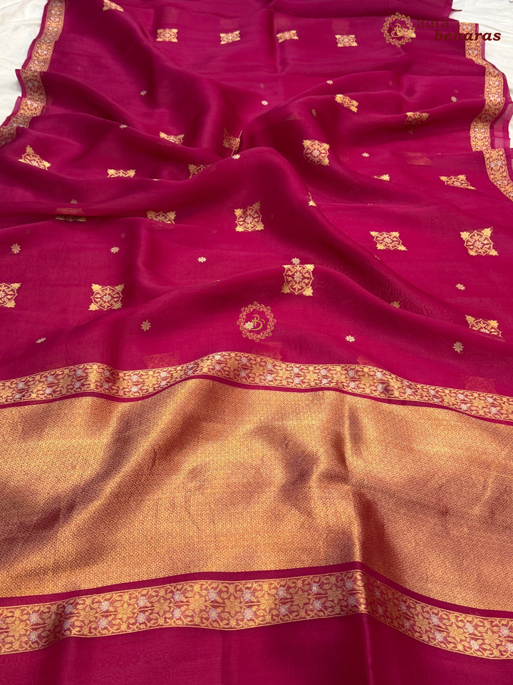 Rani Pink Kora Silk Banarasi Saree with Sona Rupa Butis