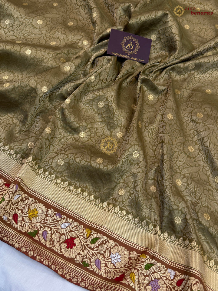 Olive Pure Katan Silk Handloom Banarasi Saree