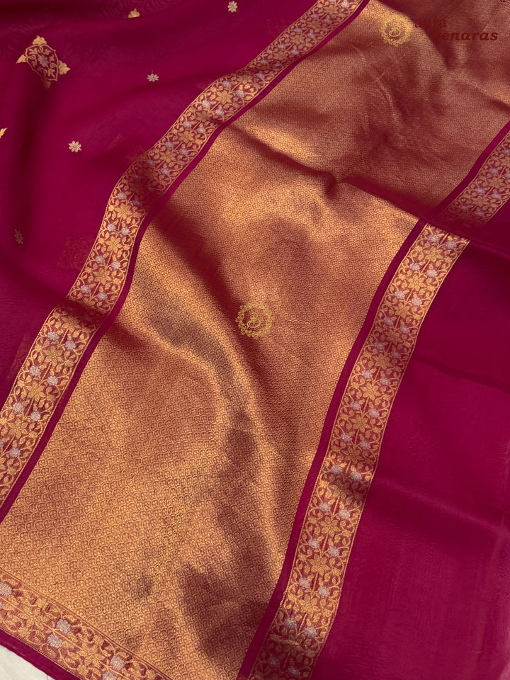 Rani Pink Kora Silk Banarasi Saree with Sona Rupa Butis