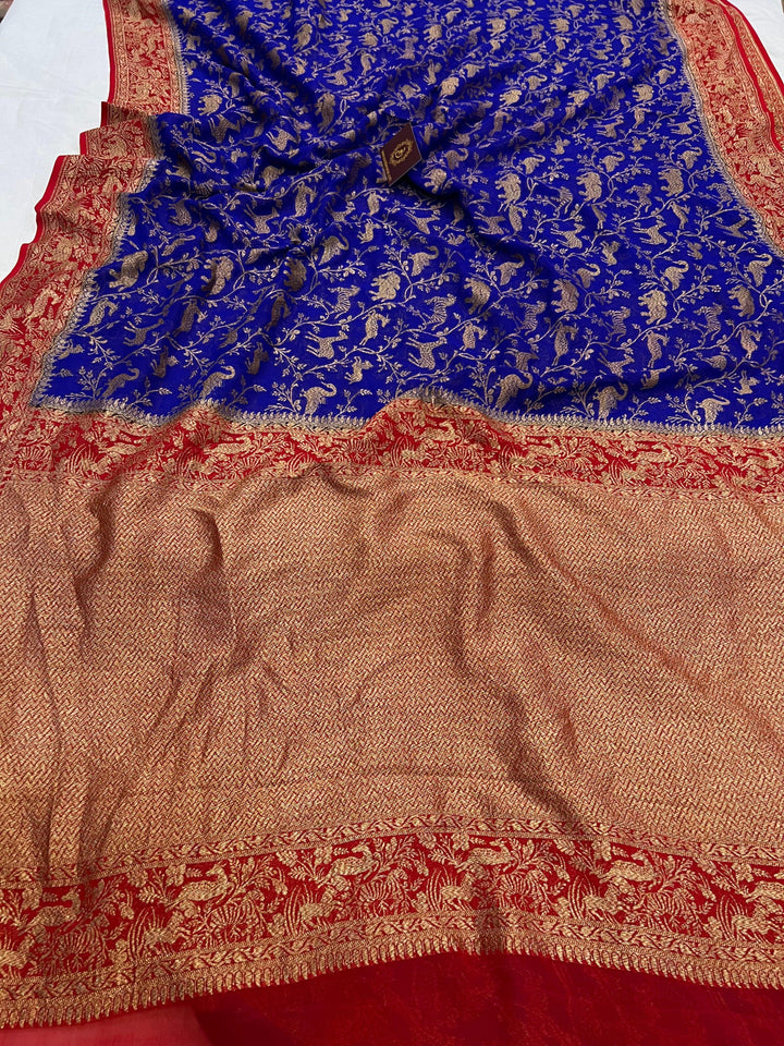 Royal Blue Banarasi Khaddi Georgette Saree - Aura Benaras
