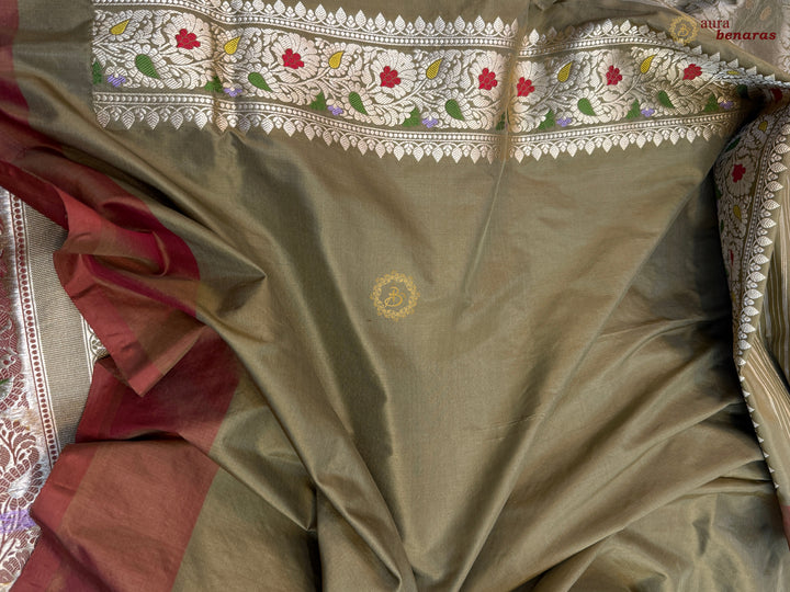 Olive Pure Katan Silk Handloom Banarasi Saree