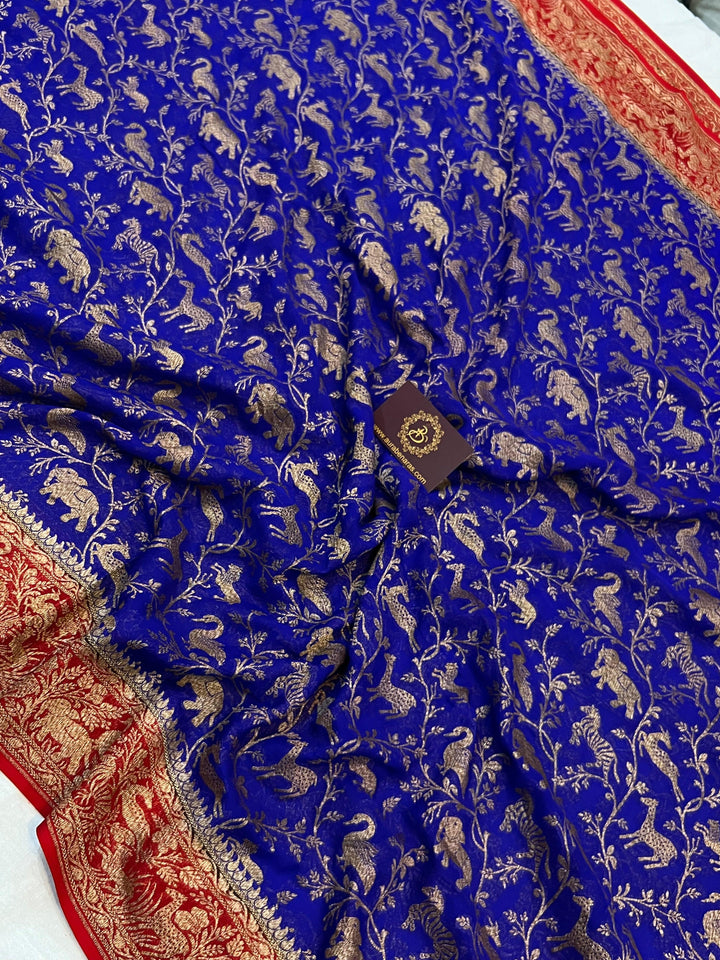 Royal Blue Banarasi Khaddi Georgette Saree - Aura Benaras