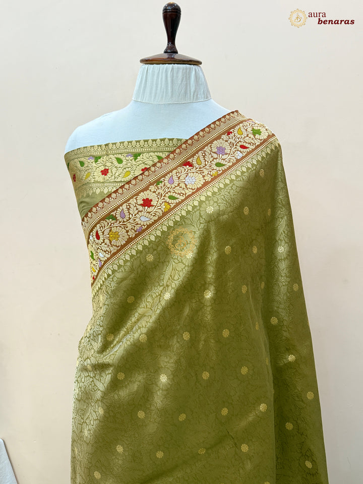 Olive Pure Katan Silk Handloom Banarasi Saree