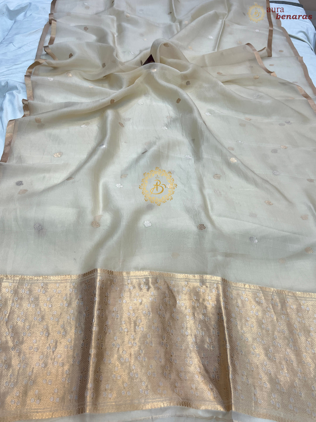 Cream Pure Kora silk Handloom Banarasi Saree