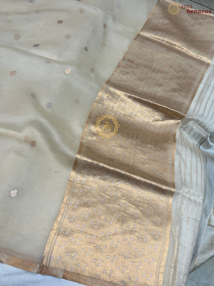 Cream Pure Kora silk Handloom Banarasi Saree