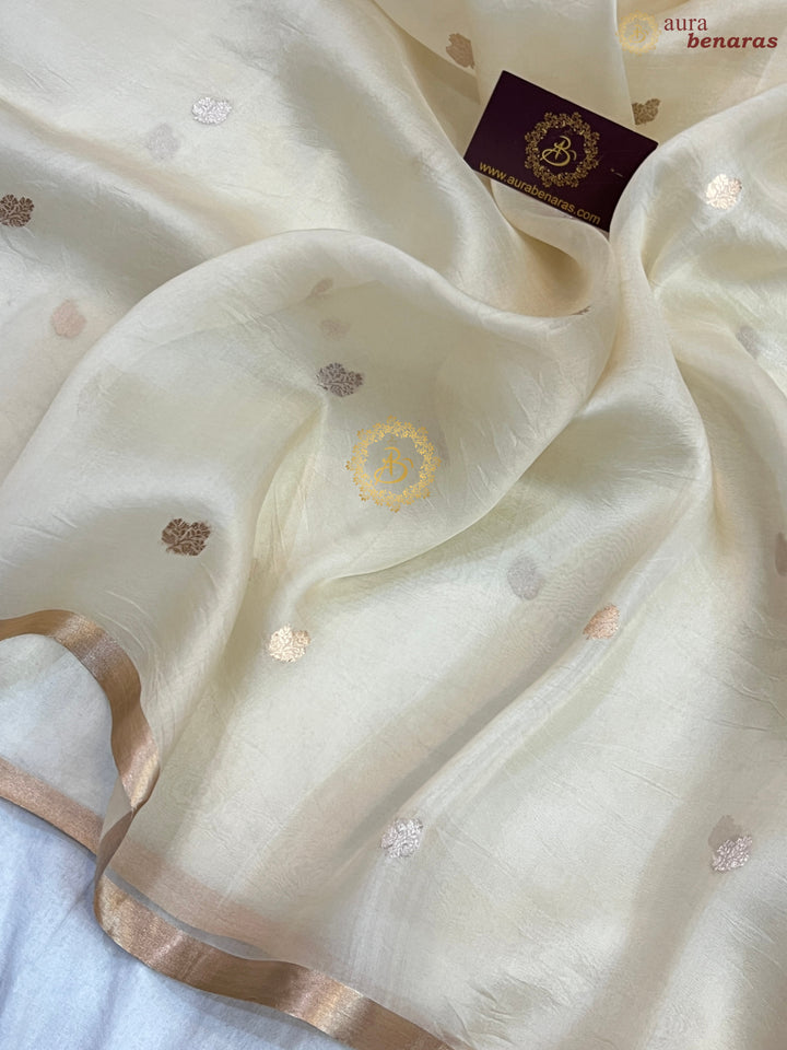 Cream Pure Kora silk Handloom Banarasi Saree