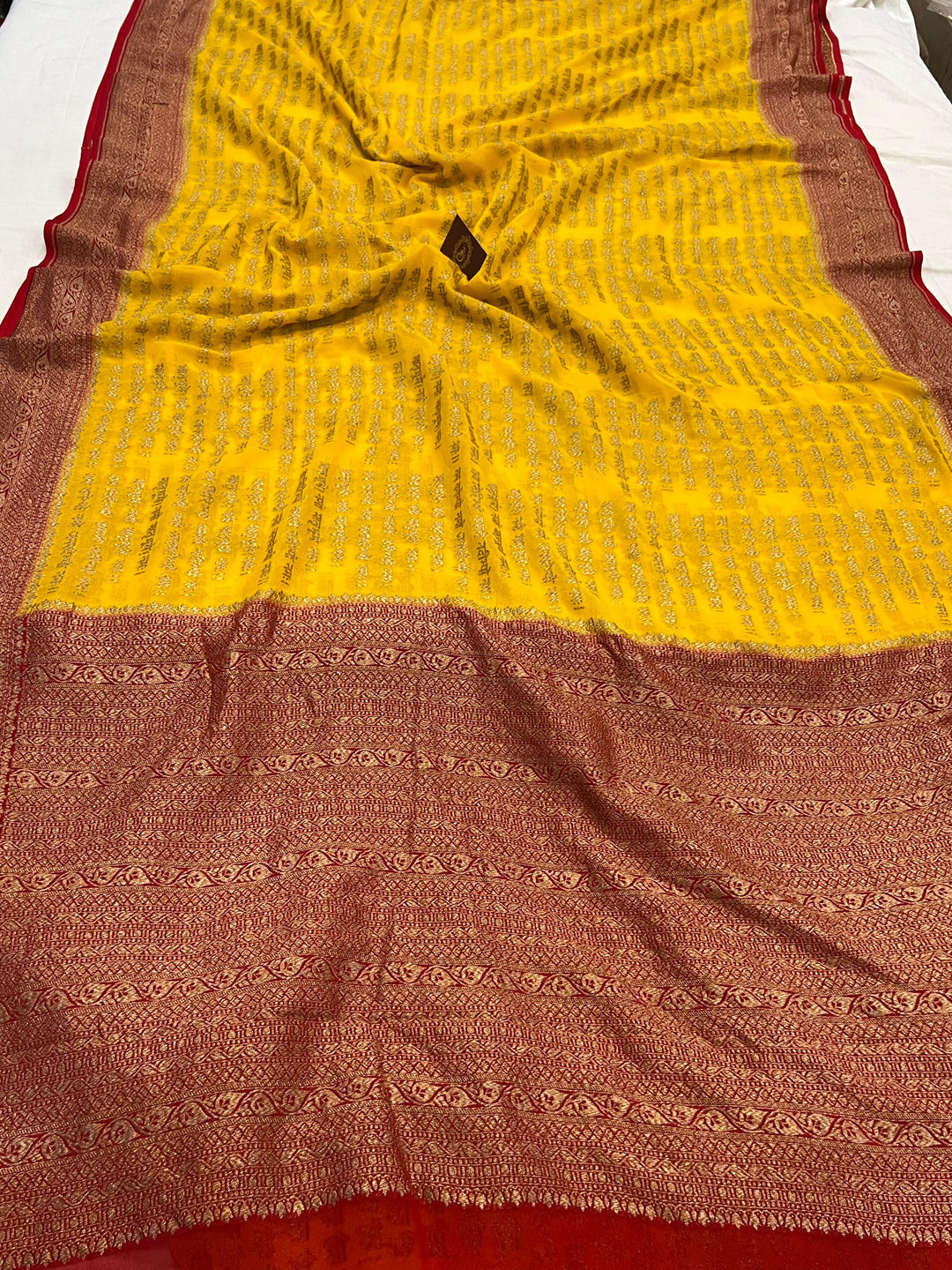 Yellow Banarasi Handloom Pure Georgette Silk Saree - Aura Benaras