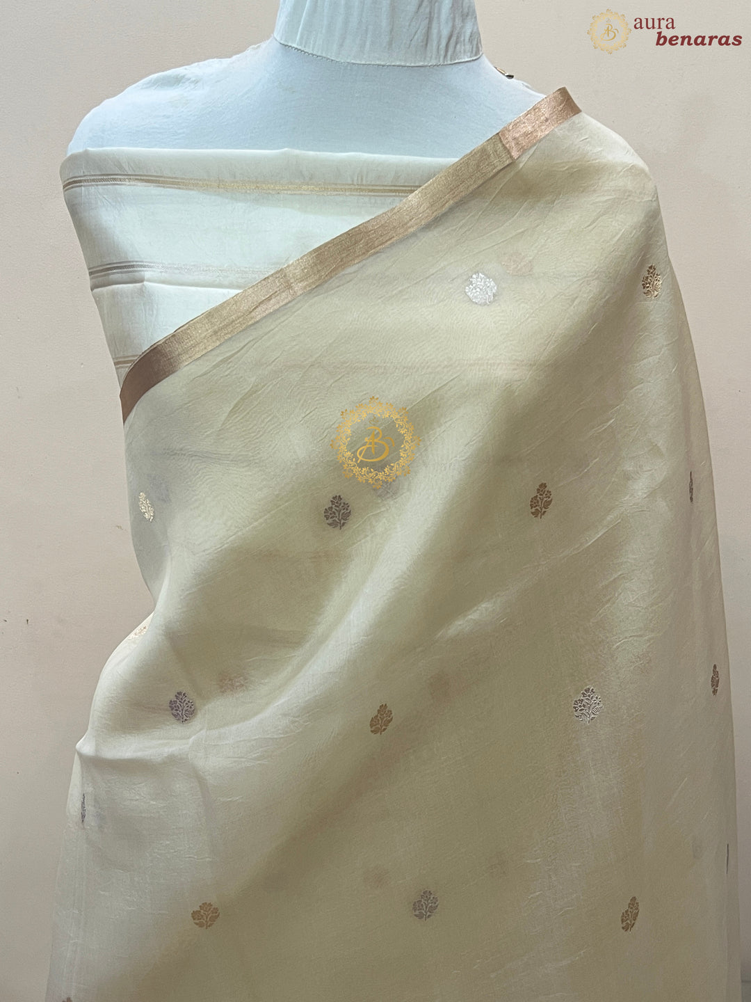 Cream Pure Kora silk Handloom Banarasi Saree
