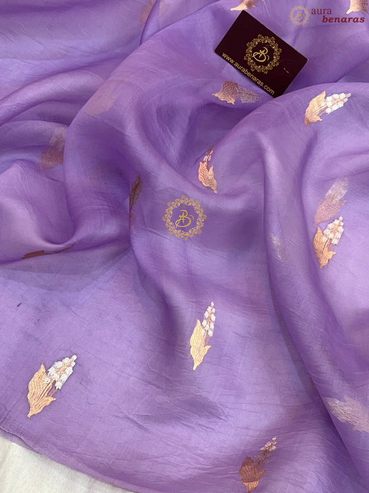 Lavender Pure Kora Silk Handloom Banarasi Saree