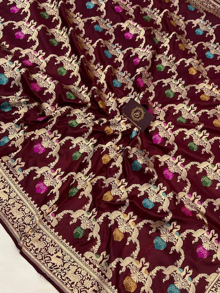 Deep Maroon Jaal Pure Banarasi Handloom Katan Silk Saree - Aura Benaras