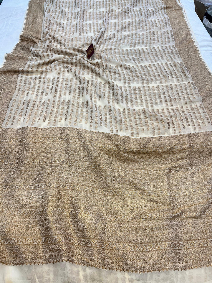 Cream Banarasi Handloom Pure Georgette Silk Saree - Aura Benaras