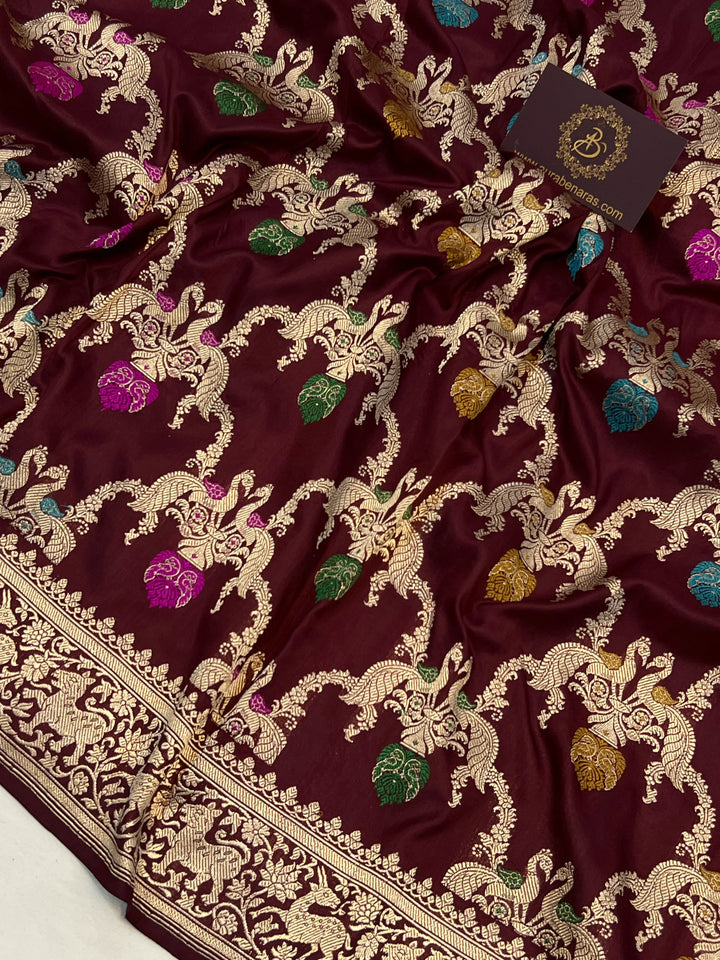 Deep Maroon Jaal Pure Banarasi Handloom Katan Silk Saree - Aura Benaras