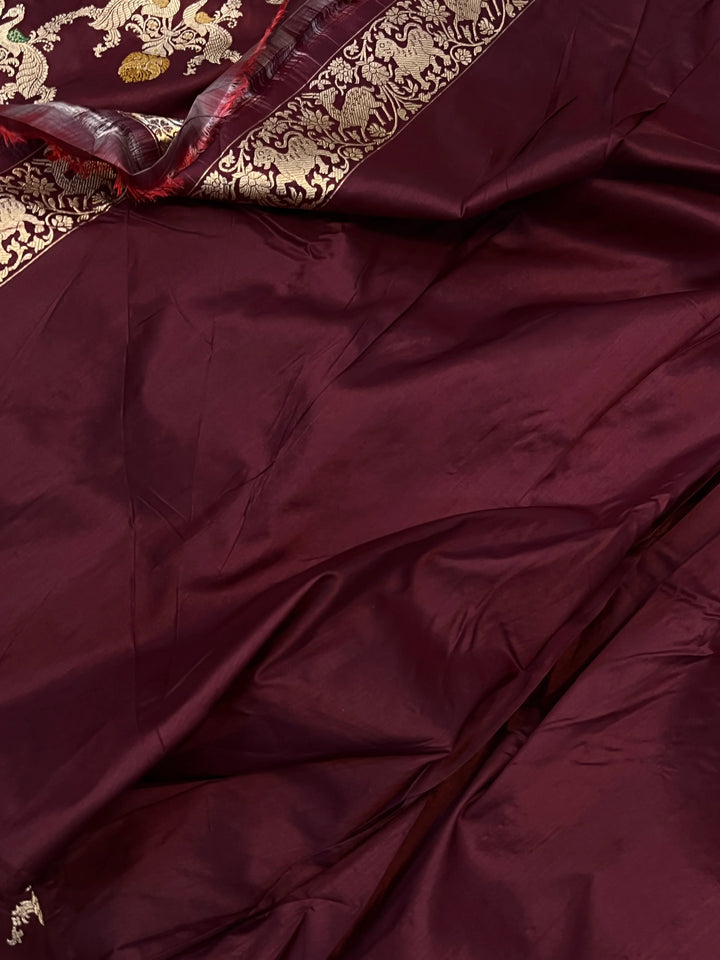Deep Maroon Jaal Pure Banarasi Handloom Katan Silk Saree - Aura Benaras