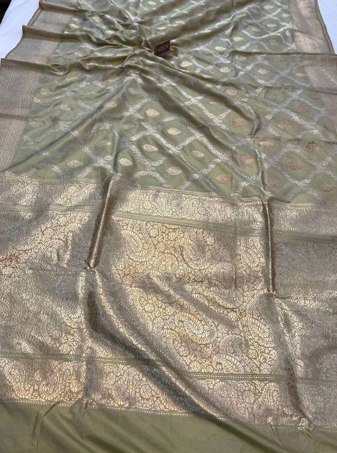 Greenish Beige Banarasi Katan Silk Saree with Jaal Work