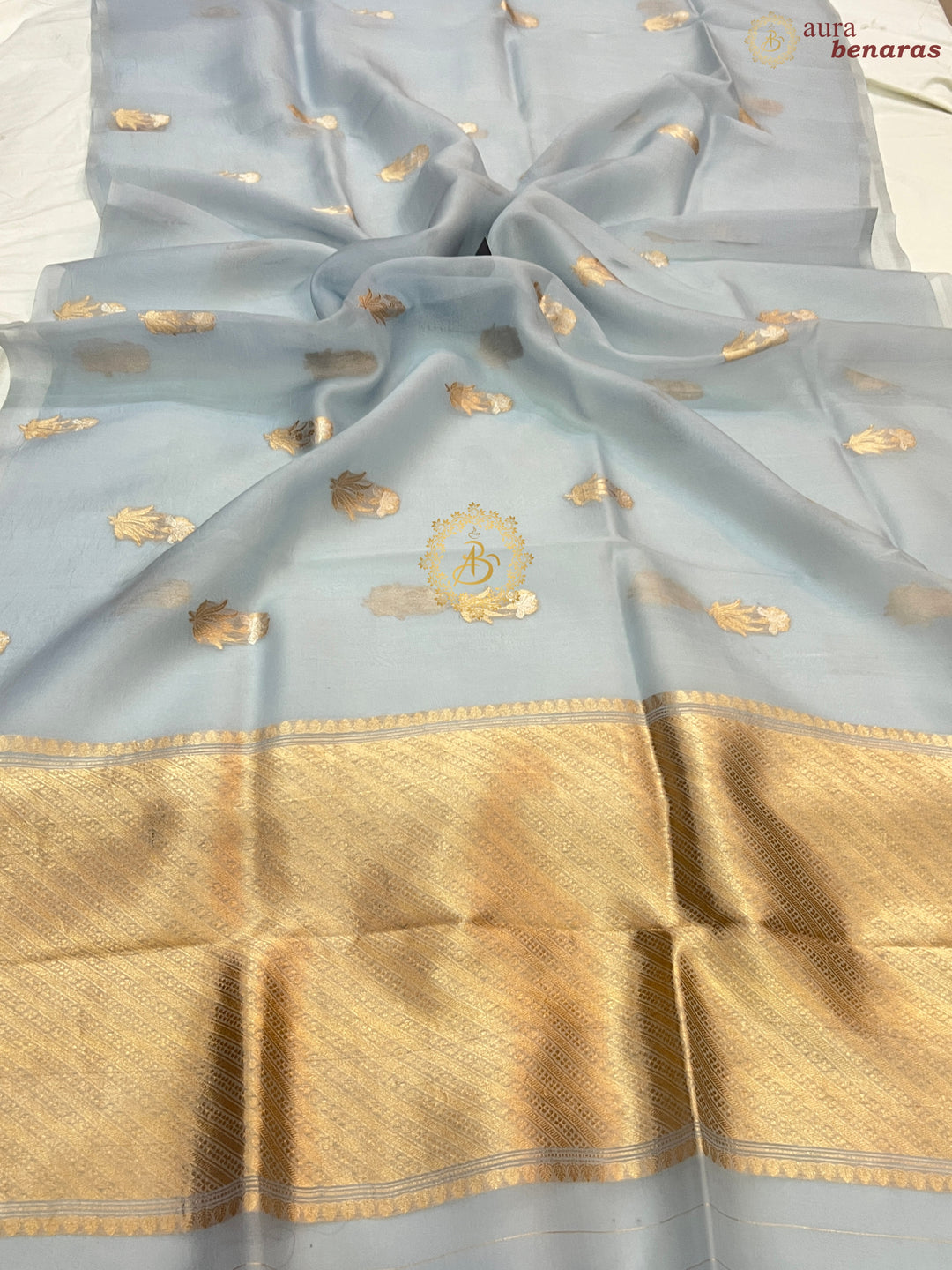 Teal Blue Pure Kora Silk Handloom Banarasi Saree