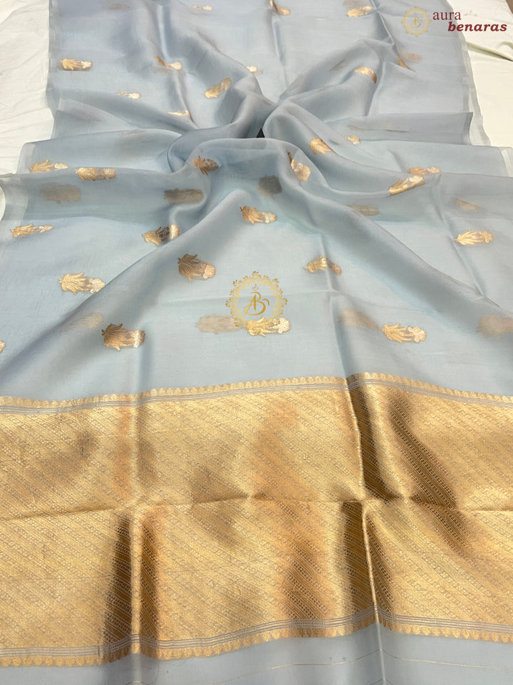 Teal Blue Pure Kora Silk Handloom Banarasi Saree