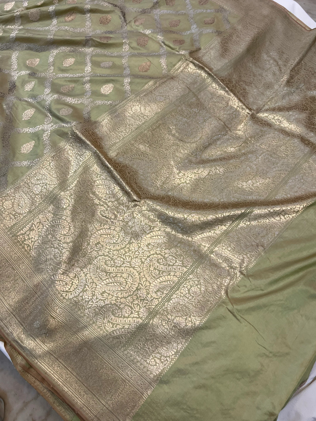 Greenish Beige Banarasi Katan Silk Saree with Jaal Work