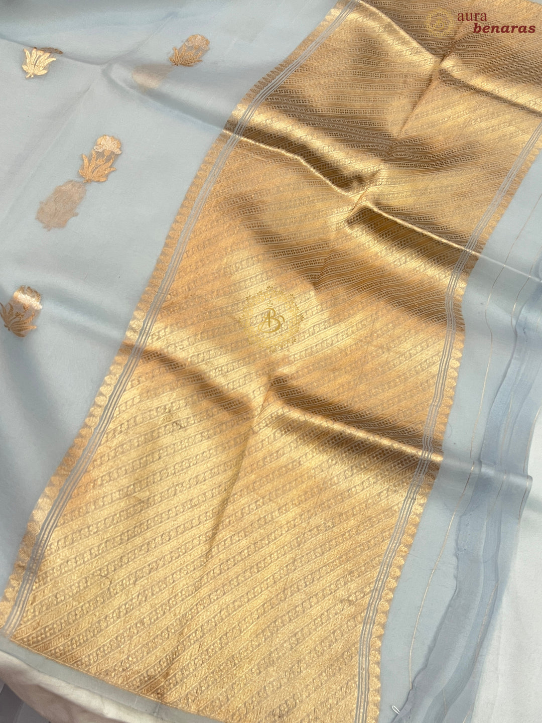 Teal Blue Pure Kora Silk Handloom Banarasi Saree