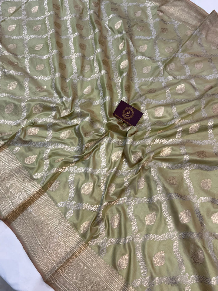 Greenish Beige Banarasi Katan Silk Saree with Jaal Work