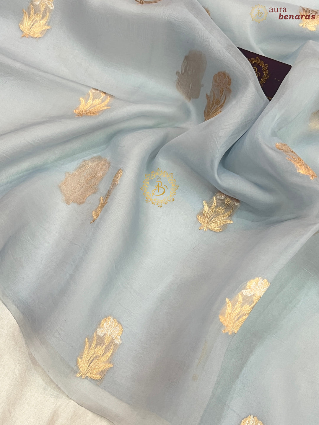 Teal Blue Pure Kora Silk Handloom Banarasi Saree