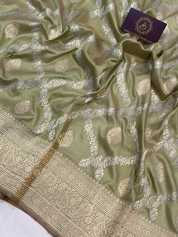 Greenish Beige Banarasi Katan Silk Saree with Jaal Work