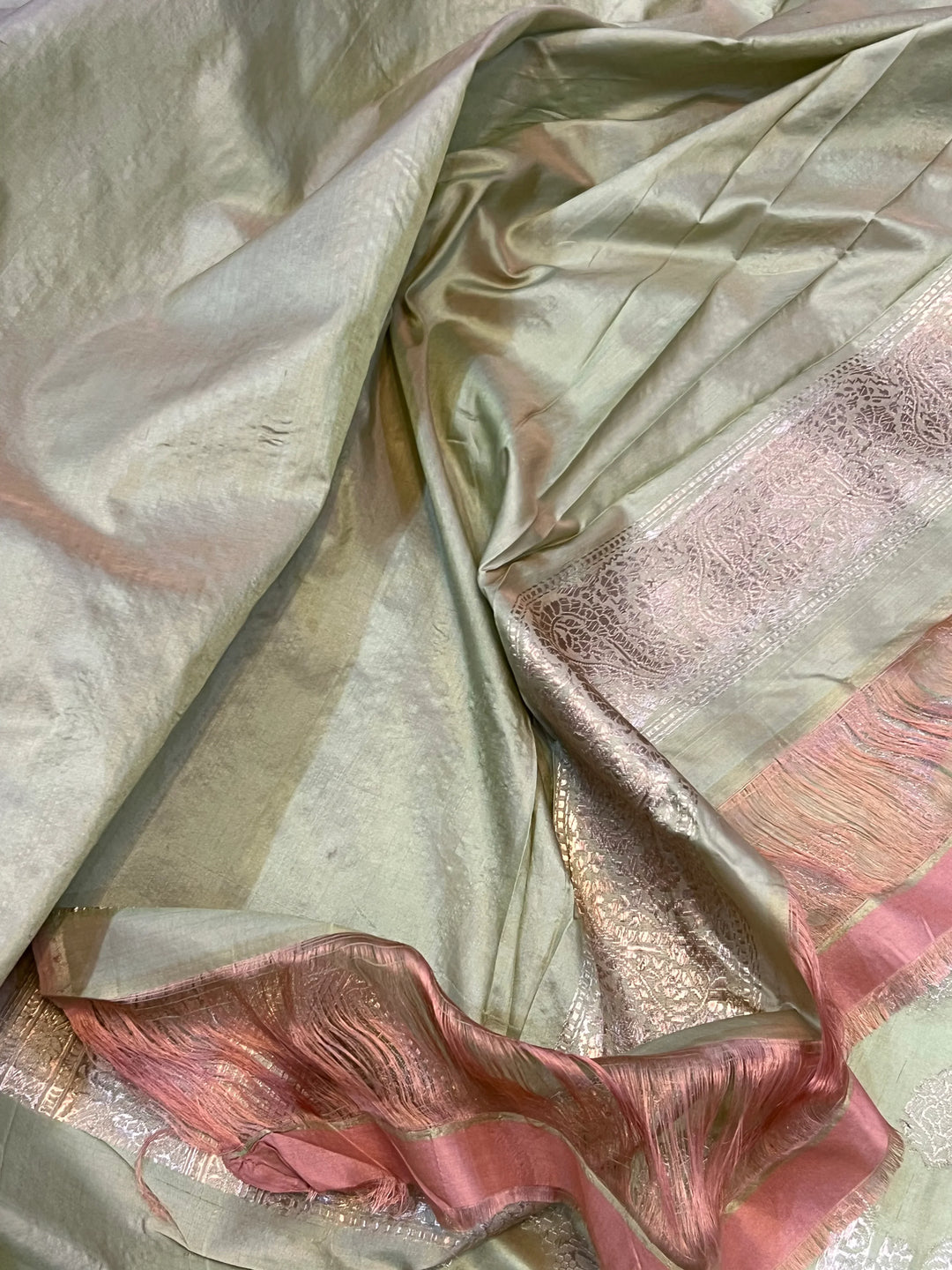 Greenish Beige Banarasi Katan Silk Saree with Jaal Work