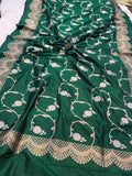 Bottle Green Jaal Pure Banarasi Handloom Katan Silk Saree - Aura Benaras
