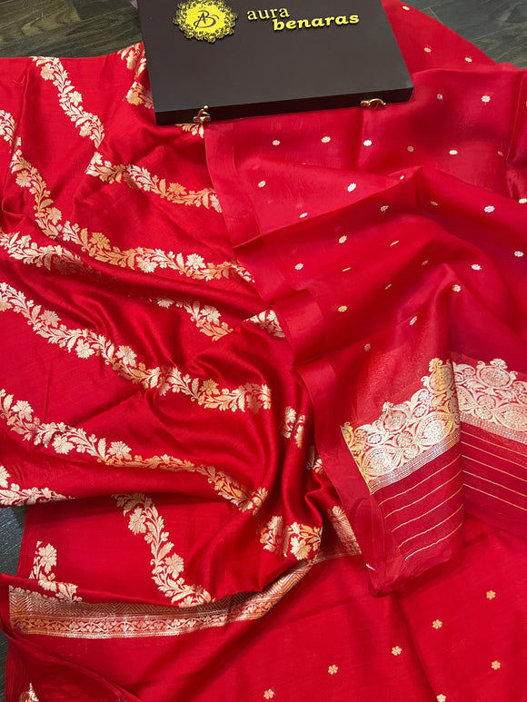 Red shade Pure Banarasi Chiniya SIlk Suit - Aura Benaras