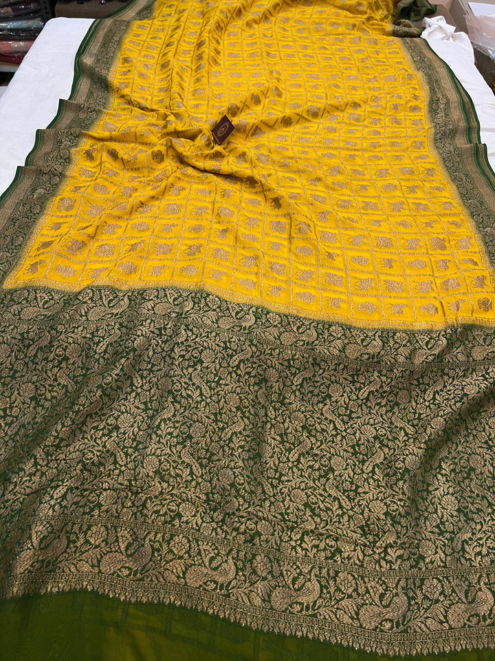 Yellow Banarasi Handloom Pure Khaddi Georgette Silk Saree - Aura Benaras