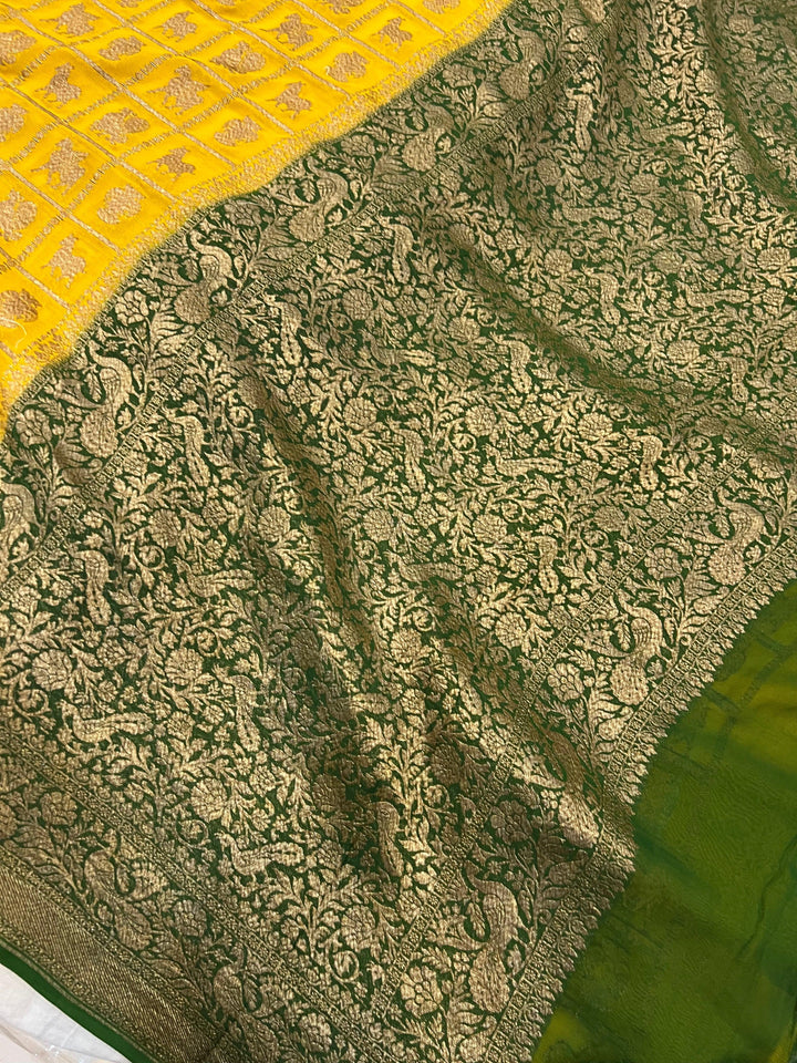 Yellow Banarasi Handloom Pure Khaddi Georgette Silk Saree - Aura Benaras