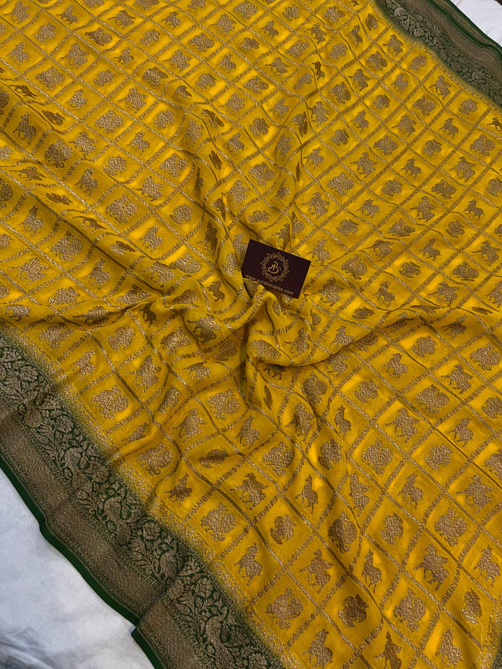 Yellow Banarasi Handloom Pure Khaddi Georgette Silk Saree - Aura Benaras