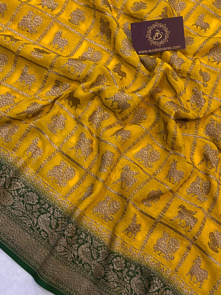 Yellow Banarasi Handloom Pure Khaddi Georgette Silk Saree - Aura Benaras