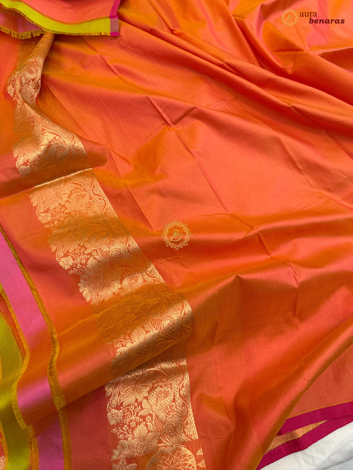 Orange Pure Katan Silk Handloom Banarasi Saree