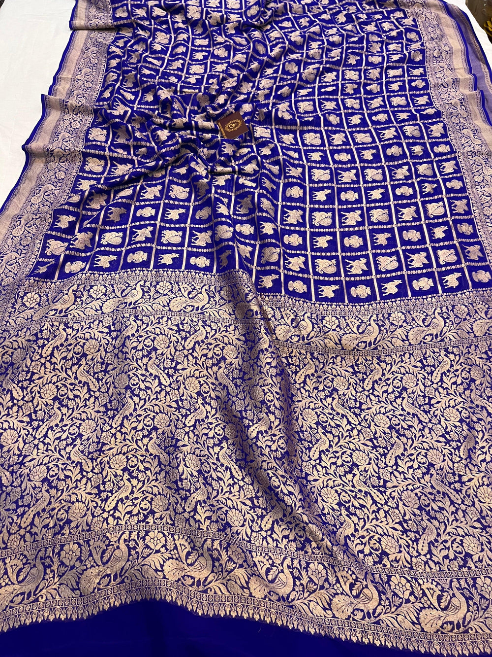Royal Blue Banarasi Handloom Pure Khaddi Georgette Silk Saree - Aura Benaras