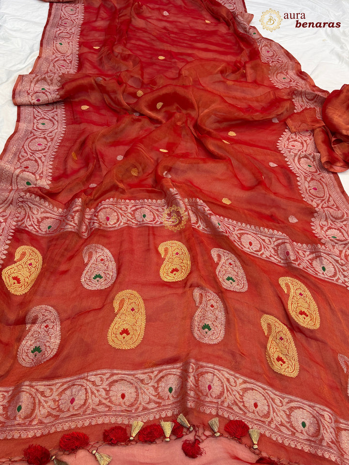 Orange Chiffon Tissue Silk Banarasi Saree with Sona Rupa