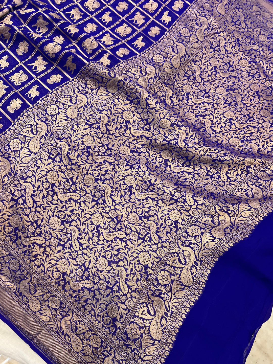 Royal Blue Banarasi Handloom Pure Khaddi Georgette Silk Saree - Aura Benaras