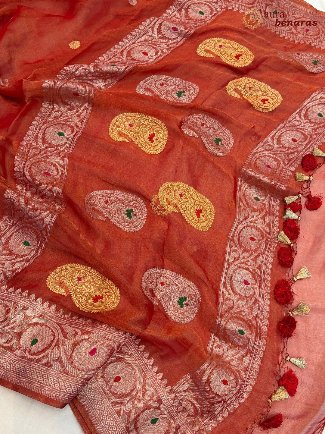 Orange Chiffon Tissue Silk Banarasi Saree with Sona Rupa