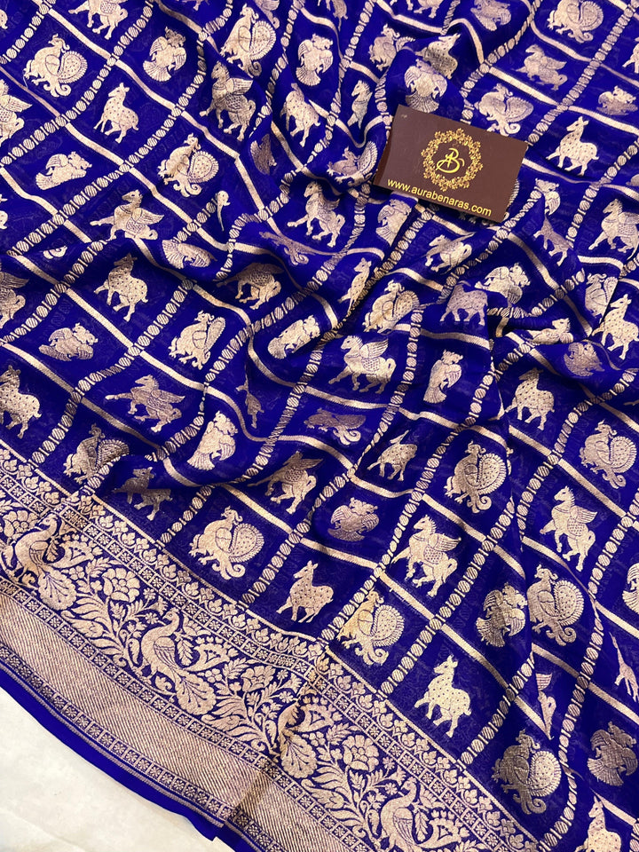 Royal Blue Banarasi Handloom Pure Khaddi Georgette Silk Saree - Aura Benaras