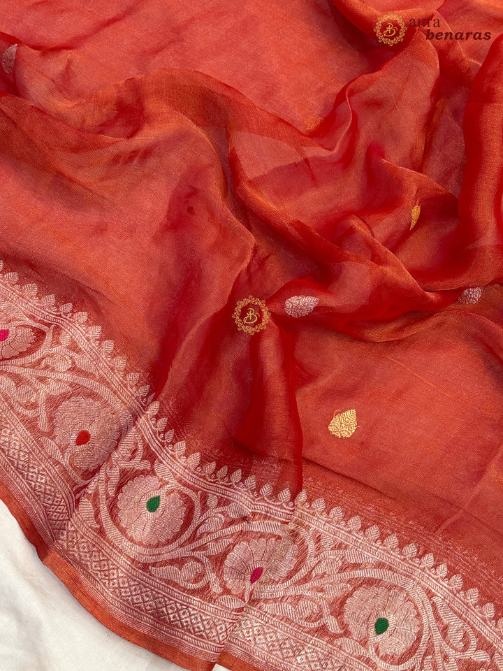 Orange Chiffon Tissue Silk Banarasi Saree with Sona Rupa